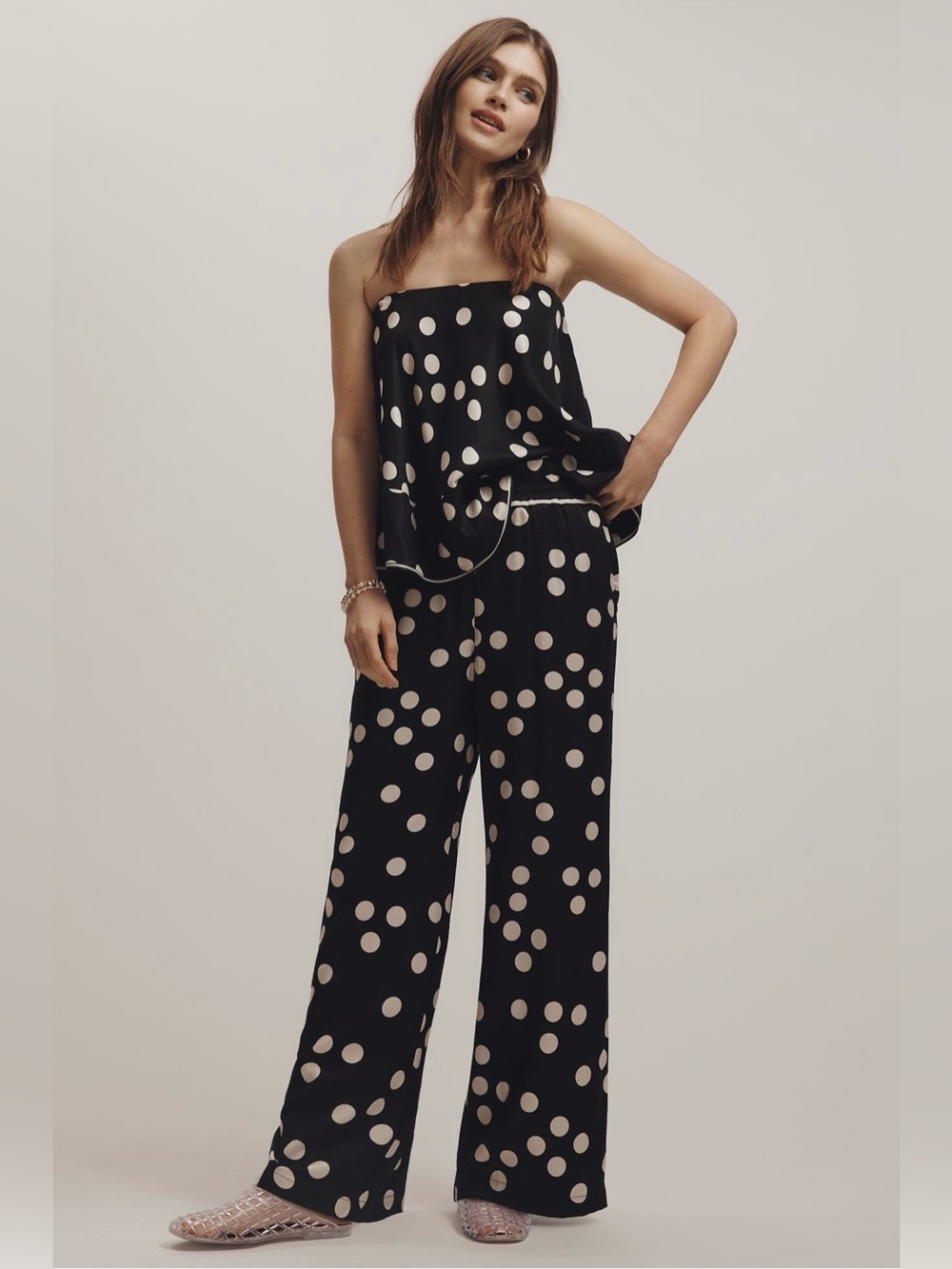 Maeve Strapless Swingy Black Scarf Top and Brooklin Wide-leg Pant - Anthro